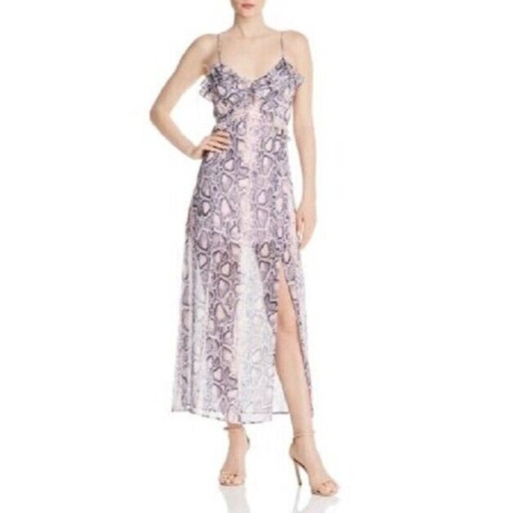 Aqua Dress Snake Print Strappy Ruffle Maxi Dress Pink Sheer Chiffon SZ XS NWT
